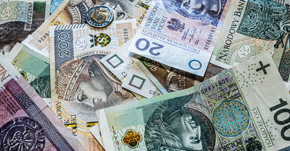 Close-up of various Polish Zloty banknotes and coins, showcasing currency details.